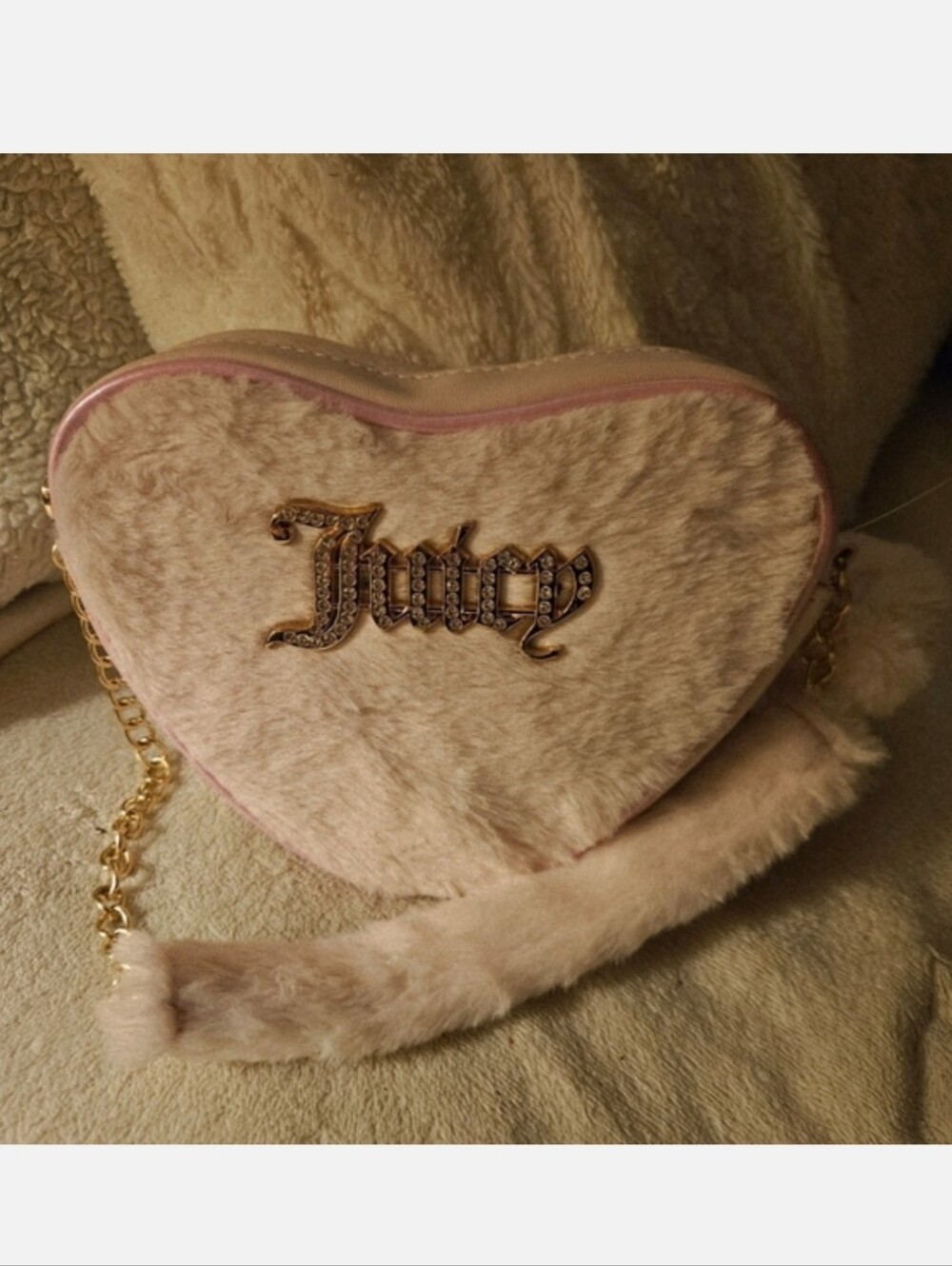 Juicy Couture Light Pink Heart Faux Fur Small Handbag With Gold Logo